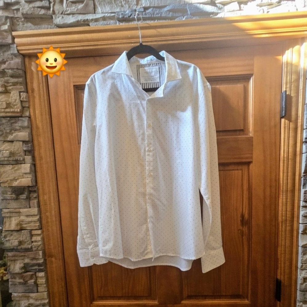 Denim and flower white with black polka dot men's long sleeve button-up shirt XL